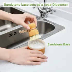 Bamboo Dish Brush Set with Soap Holder, Wooden Dish Scrubber with Soap Dispenser, Natural Kitchen Scrub Brush, Washing Pot/Pans/Cast Iron, 2 Pack
