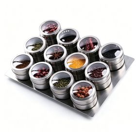 Upgrade Magnetic Spice Jars 12pcs with Wall Mounted,Stainless Steel Spice Tins with Lid and Small Holes for Sprinkle Rust Free Easy to Clean
