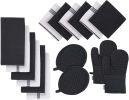 16-Piece Kitchen Towels & Dishcloths Set – Heat Resistant Silicone Oven Mitts, Pot Holder & Absorbent Terry Dish Towels – Black