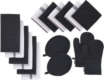 16-Piece Kitchen Towels & Dishcloths Set – Heat Resistant Silicone Oven Mitts, Pot Holder & Absorbent Terry Dish Towels – Black