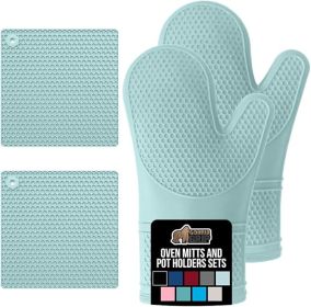 Free Soft Silicone Oven Mitts and Pot Holders Sets of 4, Heat Resistant Waterproof Cooking Gloves, Thick Cotton Lining (Color: Mint)