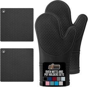 Free Soft Silicone Oven Mitts and Pot Holders Sets of 4, Heat Resistant Waterproof Cooking Gloves, Thick Cotton Lining (Color: Black)