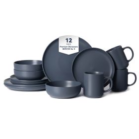 12-Piece Stoneware Dinnerware Sets with Mugs | Microwave & Dishwasher Safe | Non-Toxic Dinner Plates Bowls Set | Stackable Matte Glaze Kitchenware for (Main Material: Stone, Main Color: Blue)