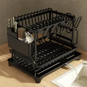 Kitchen Dish Drying Rack - Large Capacity with Drain Board (Color: Black)